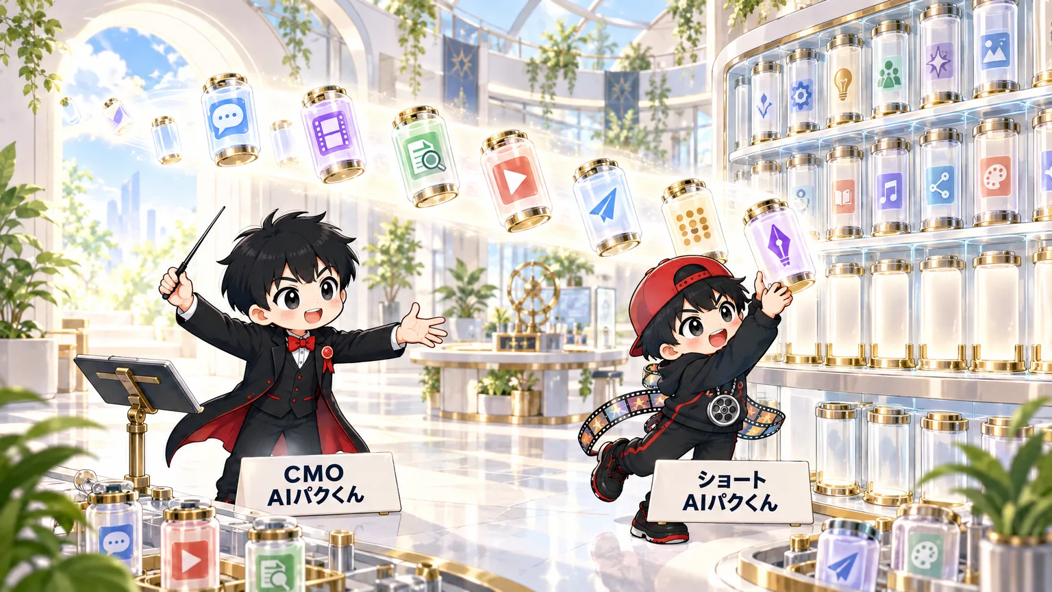 CMO AIパクくんの合図で、新しいスキルのカートリッジが工房の棚に加わる。ショート AIパクくんが受け取って棚に入れる。