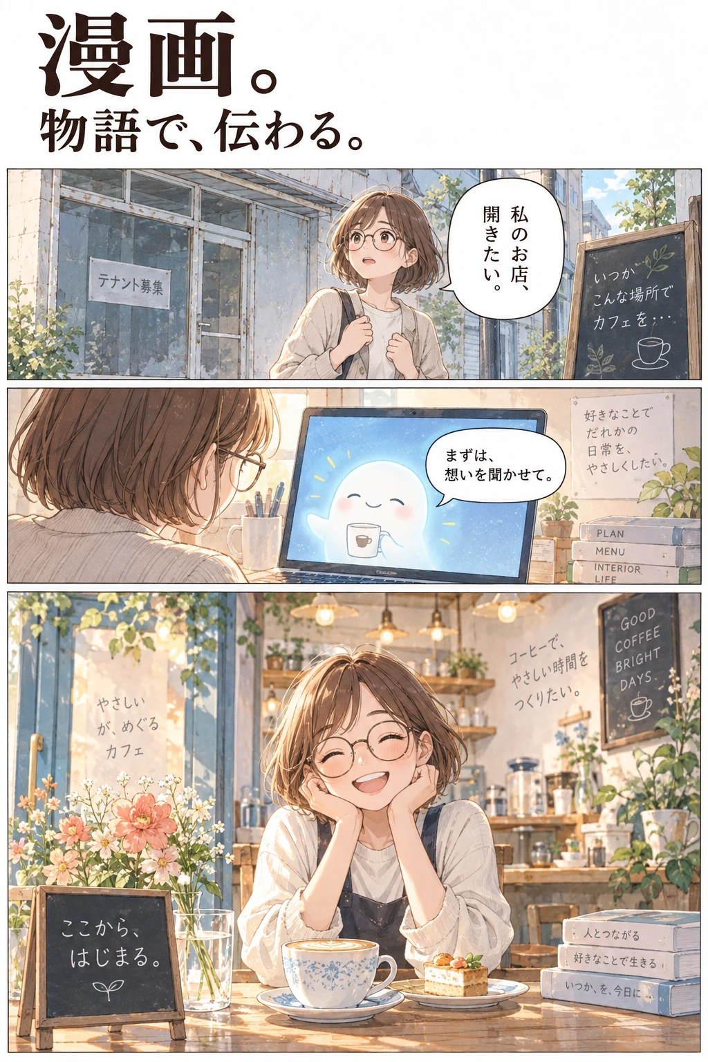 漫画。物語で、伝わる。カフェを舞台にした漫画の3つのコマ。