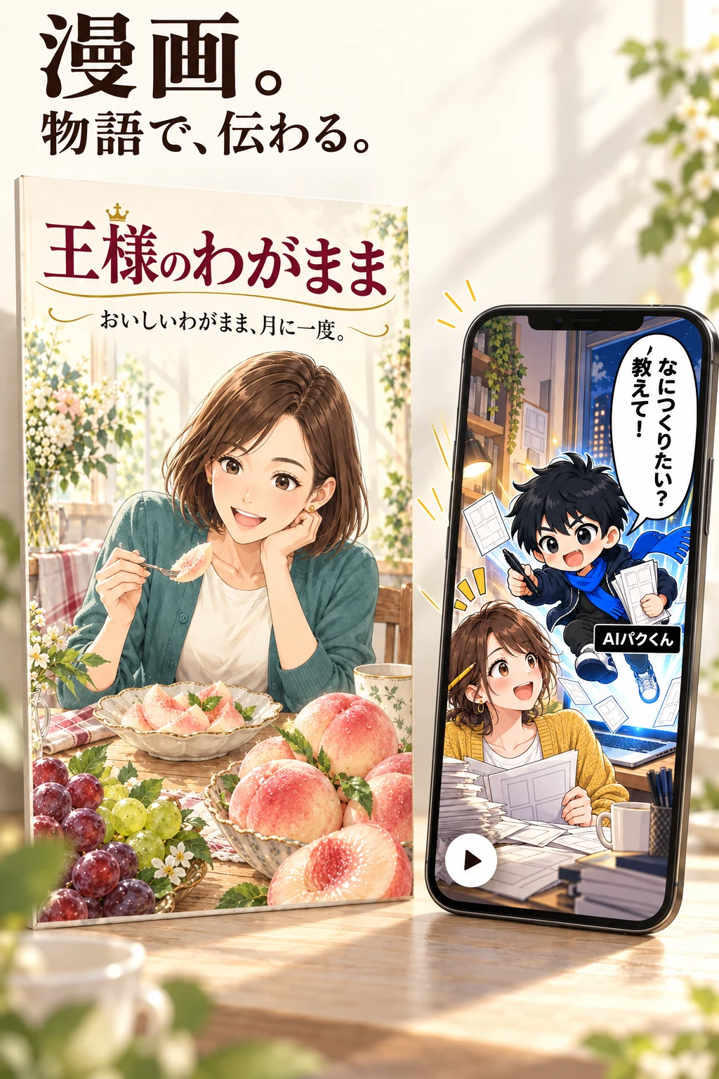 漫画。物語で、伝わる。漫画LPのページと、スマホで動く漫画動画広告。