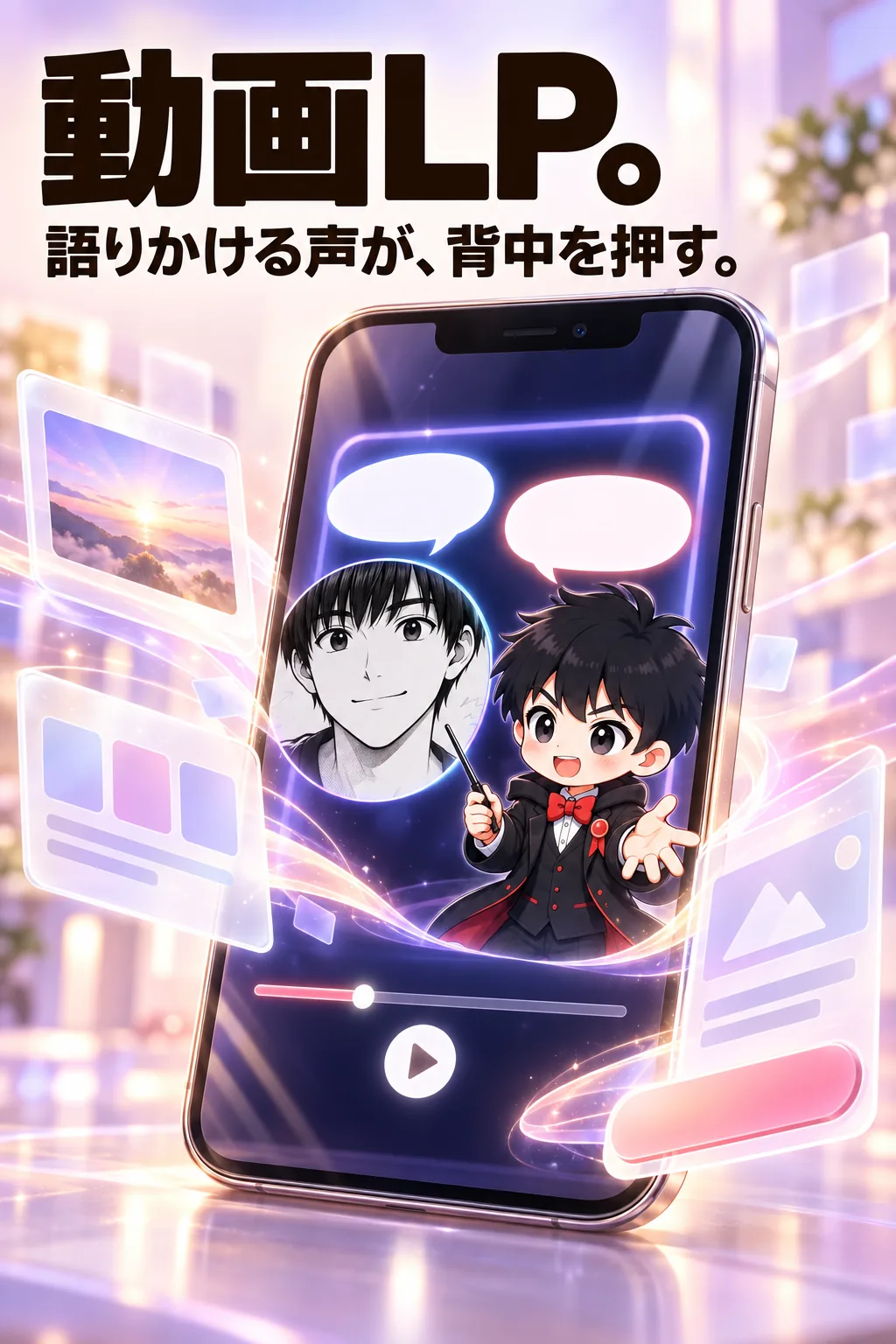 動画LP。語りかける声が、背中を押す。スマホの動画の中で、パクとCMO AIパクくんが見る人に語りかける。